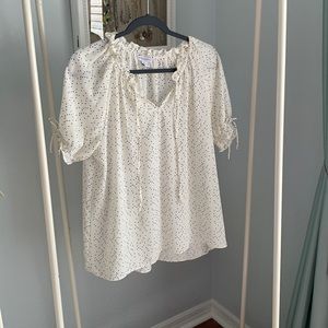 Carolina Belle Montreal size large white black yellow polkadot ruffle sleeve top